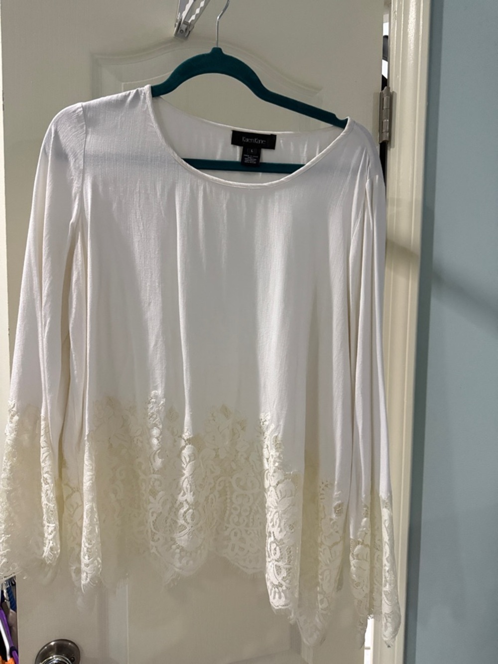 Karen Kane White Long Sleeve Top with Cream Lace Trim